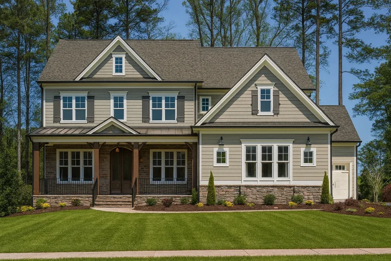 Front exterior view of a Traditional Colonial style home with horizontal lap siding, brick porch columns, symmetrical windows, and gabled rooflines