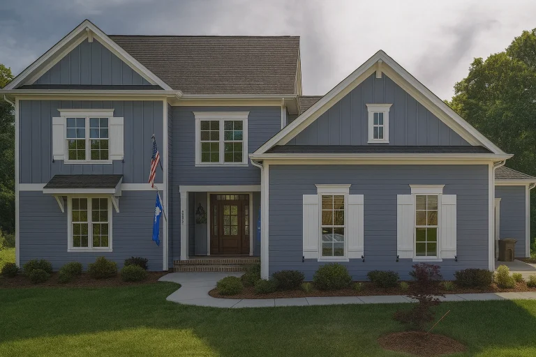 Front elevation of a New American style home with traditional Colonial influences, blue lap siding, white trim, and balanced two-story design