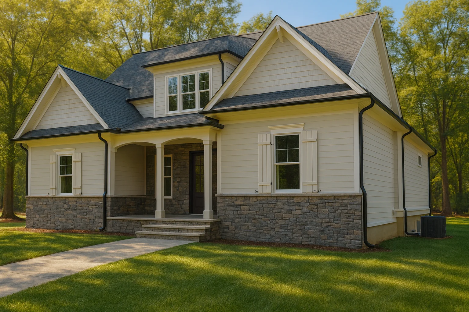 Front exterior view of a Modern Farmhouse style home with board and batten siding, stone foundation accents, covered porch, and gabled rooflines