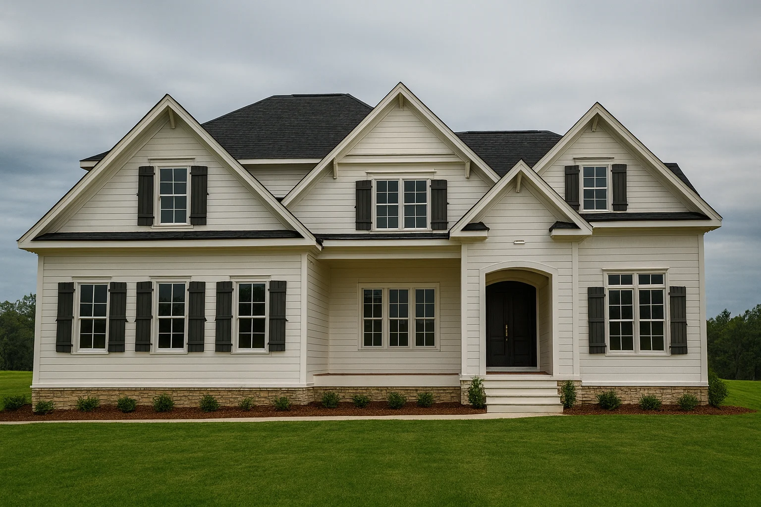 Front exterior view of a New American Traditional house with Colonial symmetry, horizontal siding, black shutters, and centered covered entry
