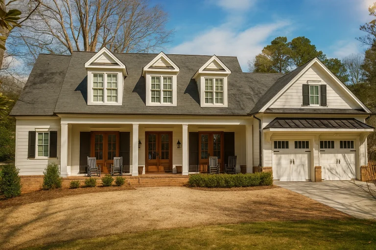 Front elevation of a Southern Colonial style home with symmetrical facade, full-width covered porch, dormer windows, and classic lap siding exterior