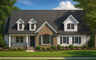 Front view of a Cape Cod style home featuring stone accents, board and batten, and horizontal siding with dormers and a covered porch entry.