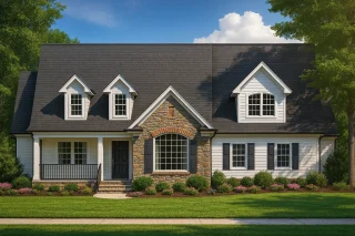 Front view of a Cape Cod style home featuring stone accents, board and batten, and horizontal siding with dormers and a covered porch entry.