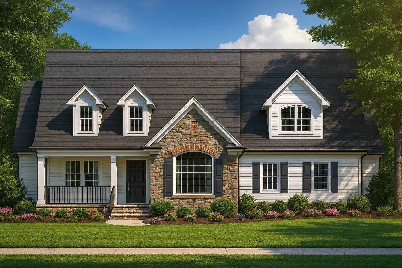 Front view of a Cape Cod style home featuring stone accents, board and batten, and horizontal siding with dormers and a covered porch entry.
