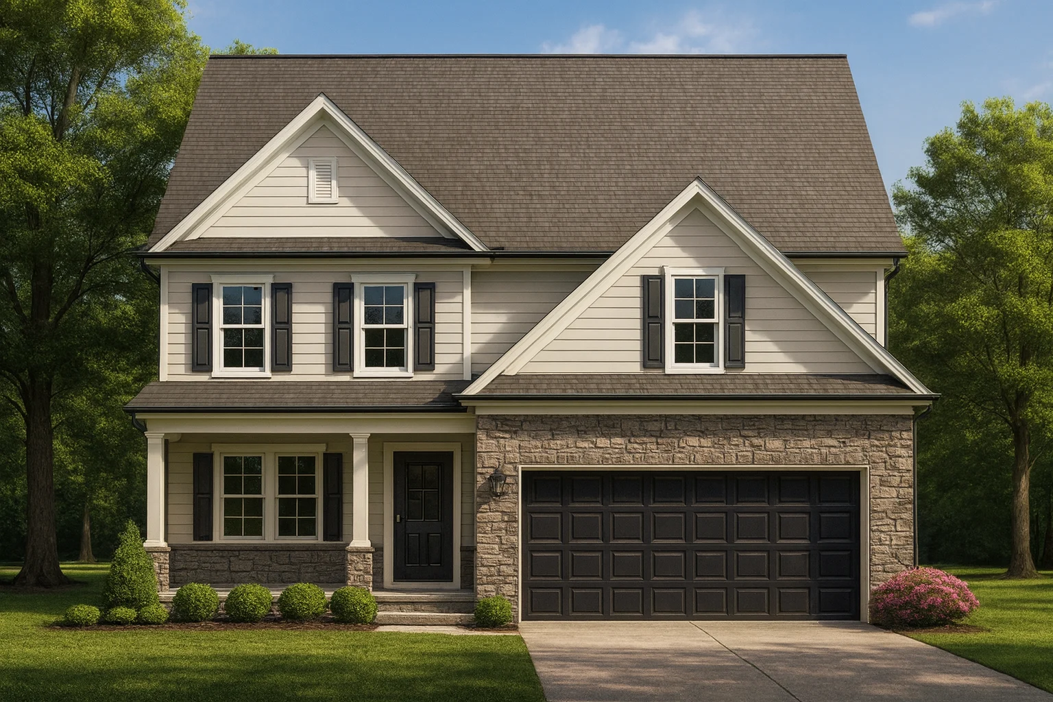 Front view of a Traditional Colonial and New American style home featuring a mix of stone and horizontal lap siding with black shutters and a covered front porch