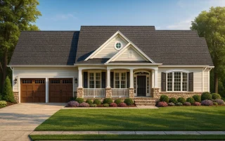 Front elevation of a Traditional Ranch Craftsman style home featuring horizontal siding, stone accents, and a welcoming covered porch with gable rooflines.