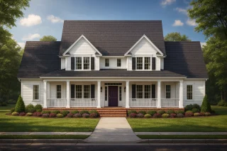 Front view of a Modern Farmhouse with white horizontal siding, black shutters, gabled rooflines, and a full covered front porch inspired by Colonial design.