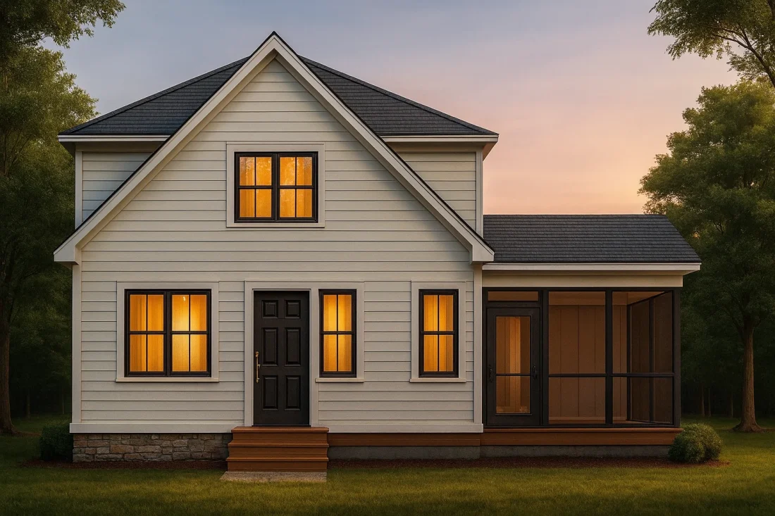 Front view of a Modern Farmhouse Cottage featuring white lap siding, black roof, and stone foundation with a screened porch entry