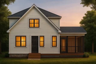 Front view of a Modern Farmhouse Cottage featuring white lap siding, black roof, and stone foundation with a screened porch entry