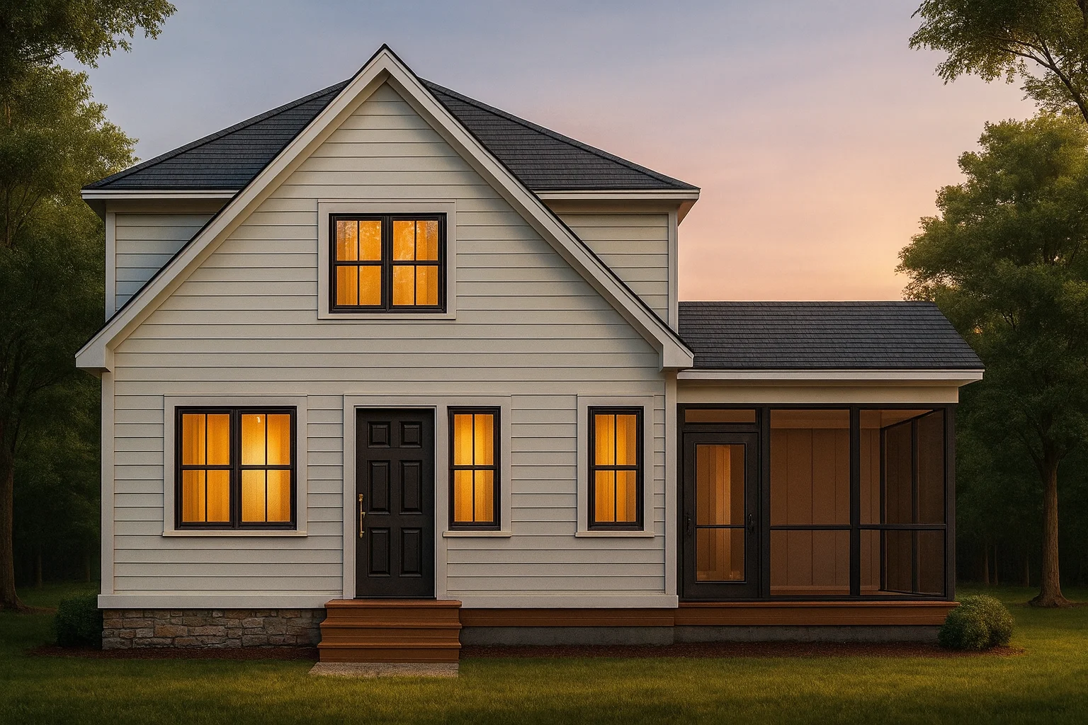 Front view of a Modern Farmhouse Cottage featuring white lap siding, black roof, and stone foundation with a screened porch entry