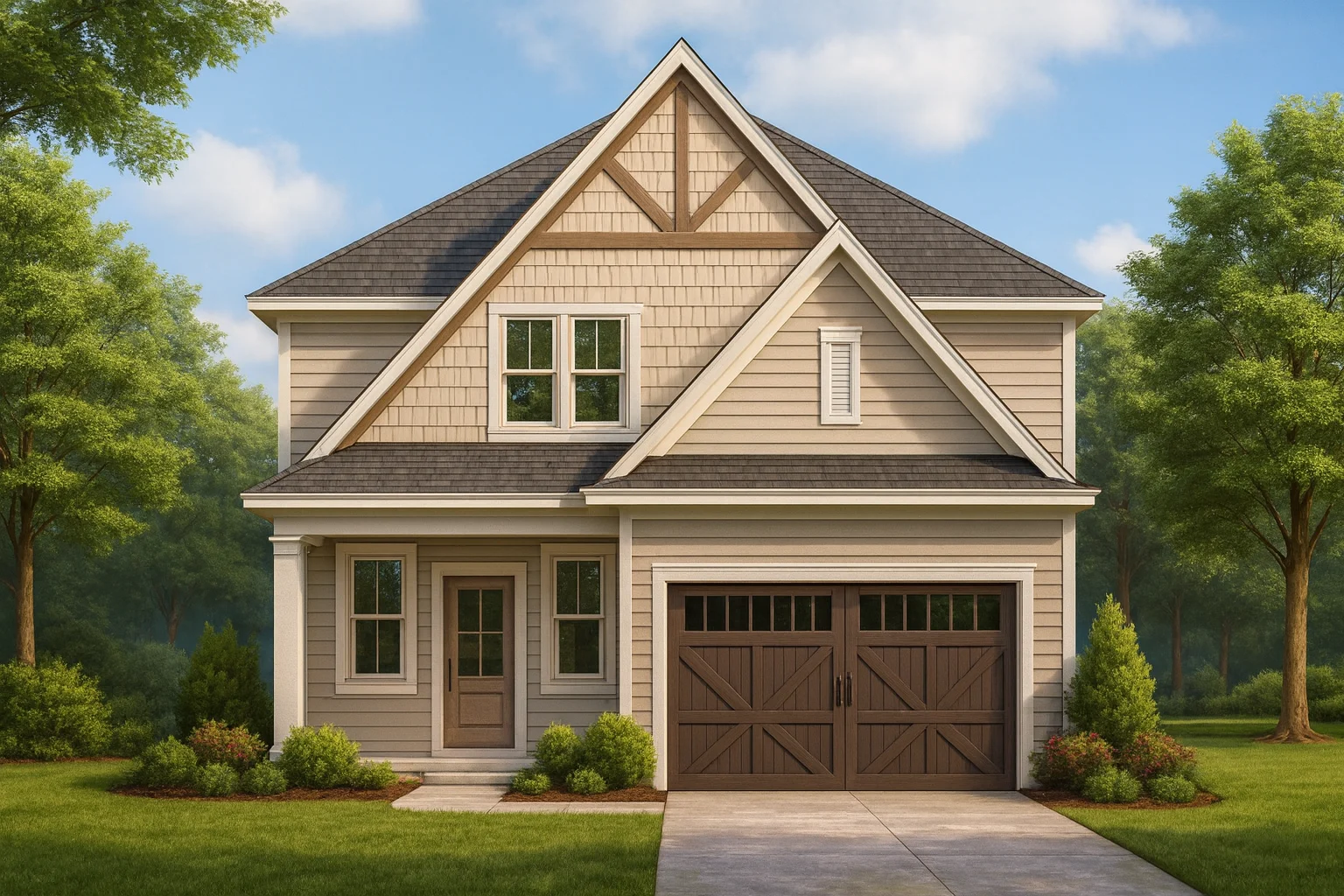 Front view of a Traditional Craftsman Farmhouse featuring horizontal siding, shingle gable accents, and a classic wooden garage door