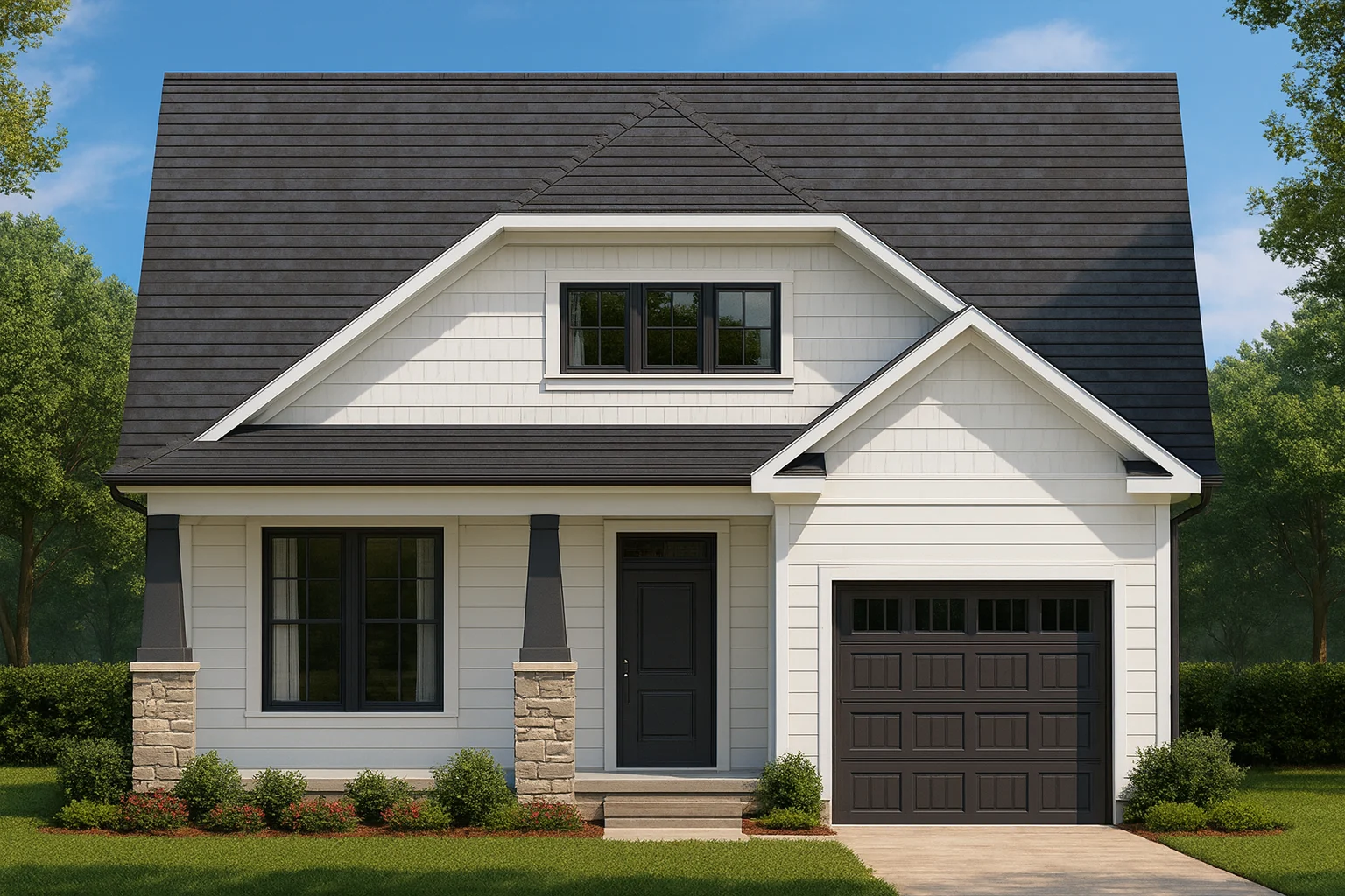 Front view of Modern Farmhouse Cottage home featuring board and batten siding, stone accents, and a welcoming front porch with gable roof design