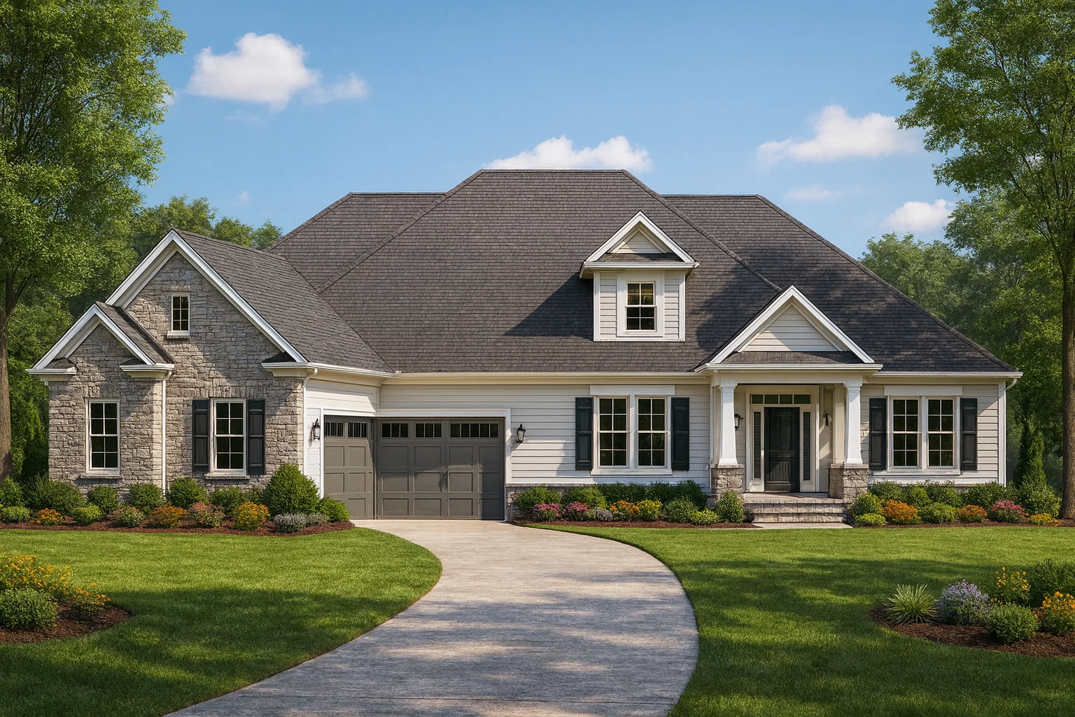Front view of a Traditional Ranch Craftsman style home featuring a combination of stone accents, horizontal siding, and board and batten details with a welcoming covered entry.