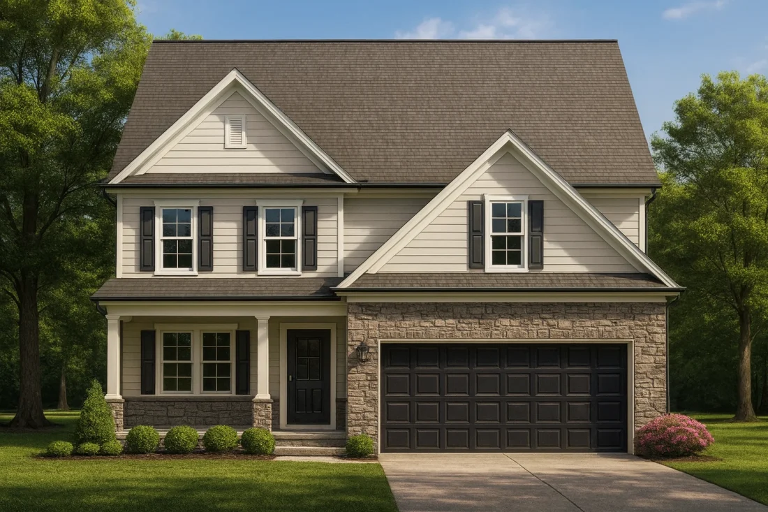 Front view of a Traditional Colonial style home featuring a balanced mix of horizontal siding and stone veneer, two-story design, and classic symmetry with black shutters.