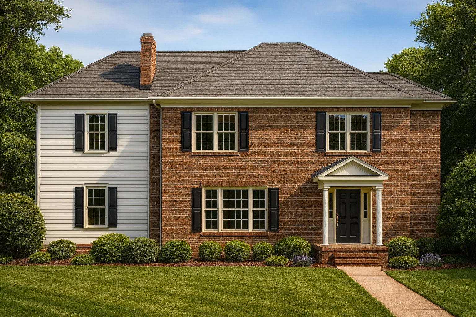 Front elevation of a Colonial-style two-story home featuring a classic red brick and white siding exterior with black shutters and a gabled portico entry