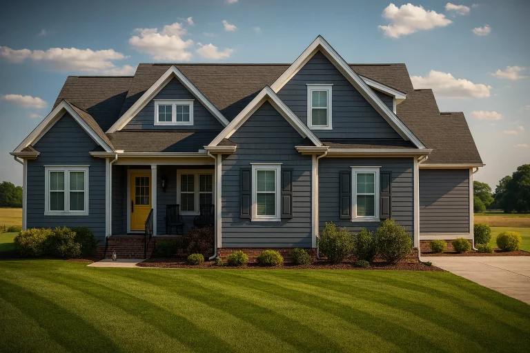 Front elevation of Craftsman style house with gray horizontal lap siding, gabled rooflines, shutters, and covered front porch