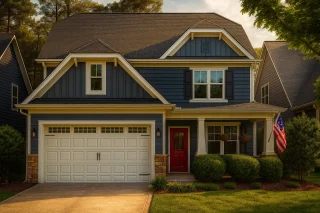 Front view of a Craftsman Traditional style two-story home featuring blue lap siding, board and batten gables, and stone details at the base with a welcoming covered porch entry.