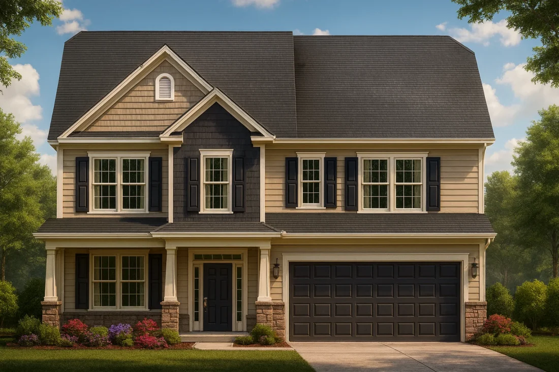 Front elevation of a Traditional Colonial style home featuring beige horizontal lap siding, shingle accents, dark shutters, and a symmetrical façade with double gables.