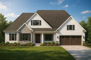 Front view of Modern Farmhouse style home featuring board and batten, horizontal siding, stone accents, and gable rooflines with a two-car garage