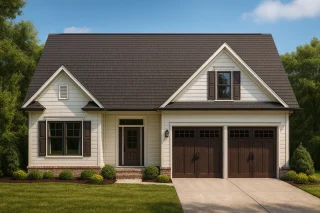 Front view of a Modern Farmhouse style home featuring horizontal siding, brick foundation, and dark wood carriage garage doors