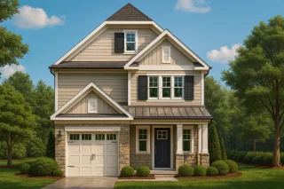 Front view of a Traditional Transitional style home with stone base, horizontal siding, and board and batten detailing on upper gables