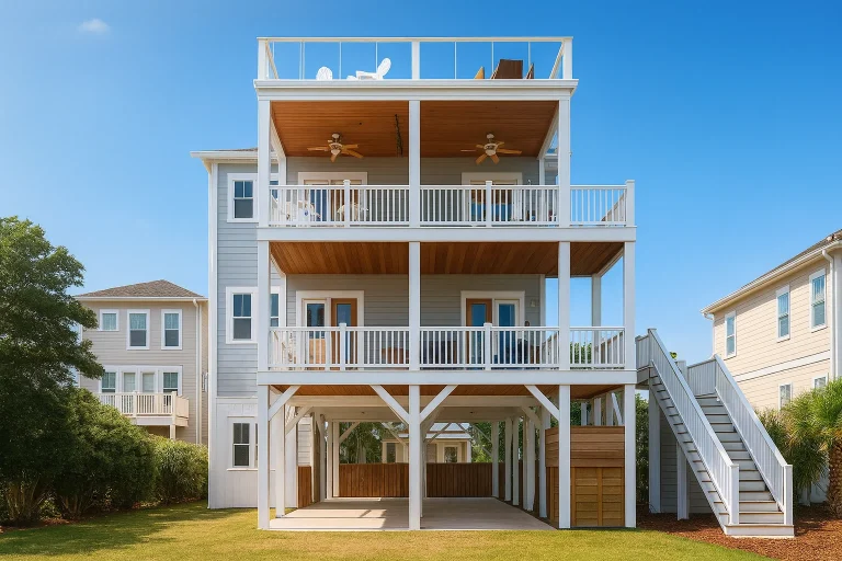 Front exterior view of an elevated Coastal Beach House featuring stacked wraparound porches, horizontal siding, and Southern Low Country architecture