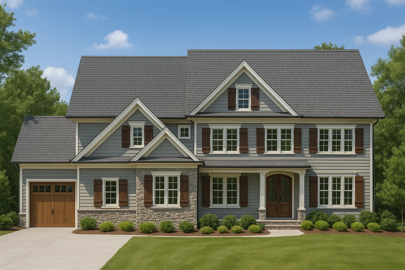 Front exterior view of a Traditional Colonial style home with red brick façade, white trim, multi-pane windows, and balanced symmetrical design