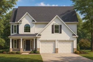 Luxury House Plans 15 Front view of a Traditional Colonial style home featuring a mix of horizontal siding and brick accents with a front porch and double garage