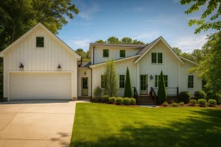 Luxury House Plans 11 Front view of a Modern Farmhouse with board and batten exterior, symmetrical gables, and clean architectural lines surrounded by lush landscaping