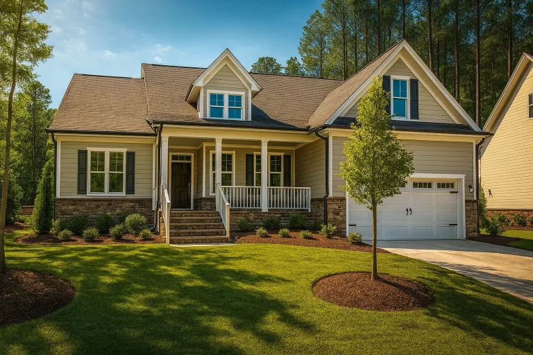 Front view of a Traditional Farmhouse with Craftsman-style detailing, featuring horizontal siding, stone accents, and a covered front porch with gable dormers