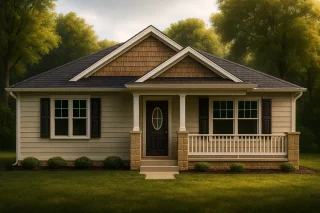 Luxury House Plans 10 Craftsman HoFront elevation of a Traditional Ranch Craftsman Cottage home featuring horizontal siding, shake gables, and stone column bases beneath a covered porchme Plan with CAD Designs & Modern Features