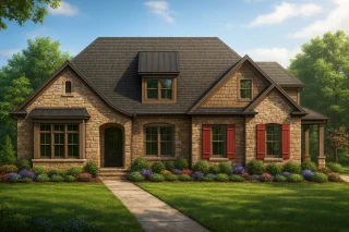 Luxury House Plans 7 Front elevation of French Country style home featuring stone exterior, shingle accents, red shutters, and inviting covered porch entry