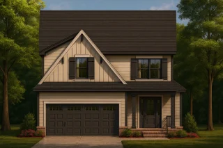 Luxury House Plans 8 Front view of a Modern Farmhouse style home featuring board and batten siding, dark trim accents, and a welcoming covered entry porch