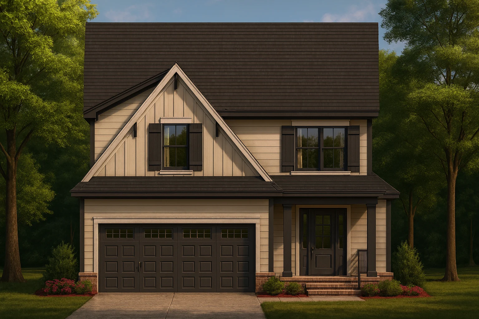 Affordable House Plans 2 Front view of a Modern Farmhouse style home featuring board and batten siding, dark trim accents, and a welcoming covered entry porch