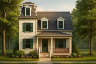 Luxury House Plans 6 Front view of a Colonial Traditional home with symmetrical design, wood siding exterior, and gabled dormers surrounded by trees