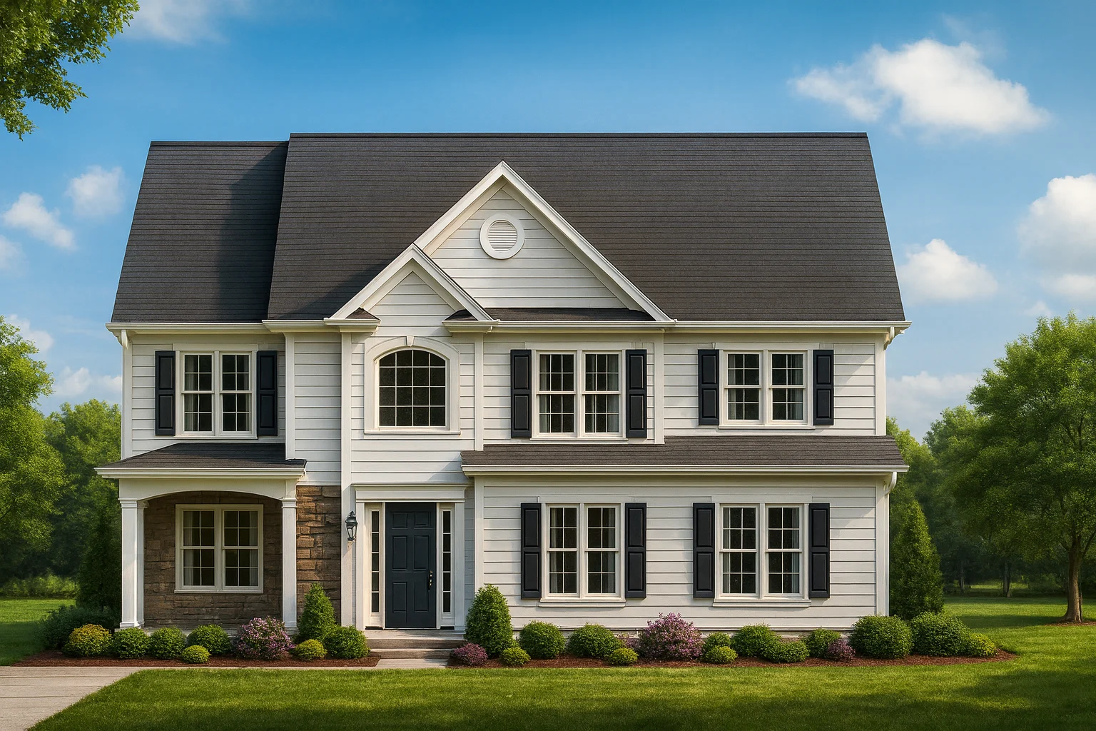 Front elevation of a Colonial Traditional style two-story home featuring white siding, dark shutters, and stone accent facade