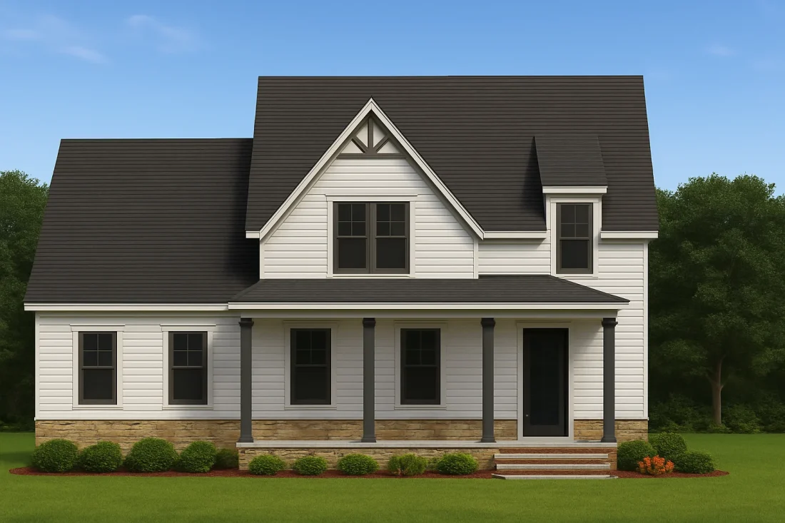Front elevation of a Modern Farmhouse with white board and batten siding, dark roof, stone foundation, and classic covered porch columns
