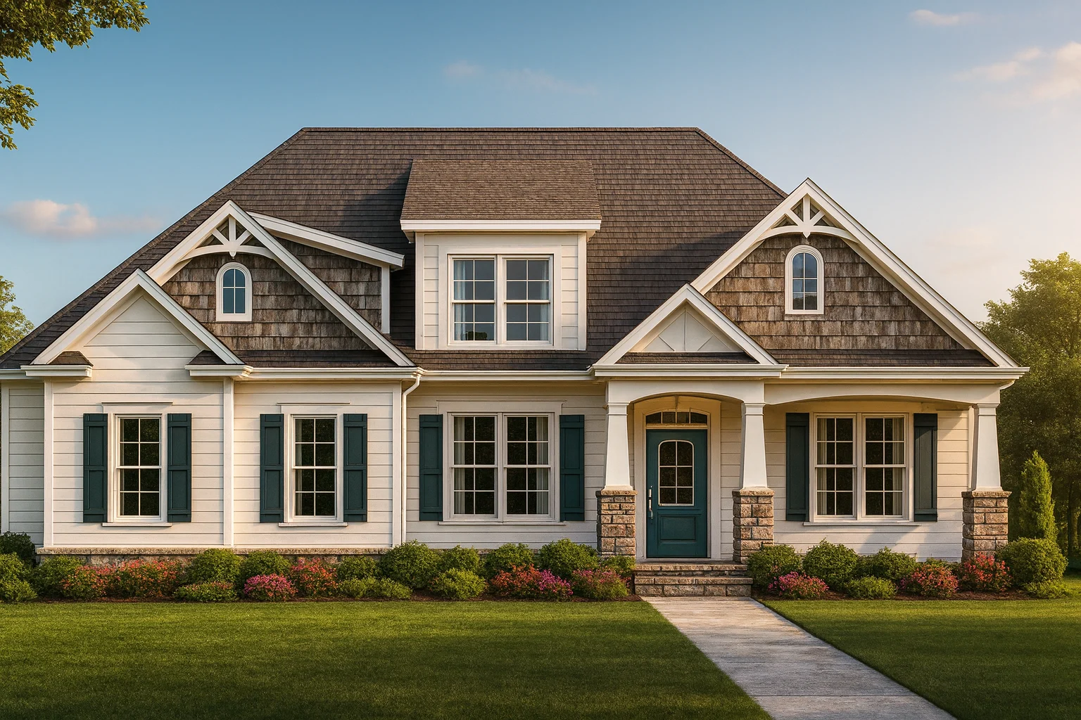 Front elevation of a Modern Farmhouse style home featuring board and batten siding, stone columns, and shingle gables under a steep roofline.