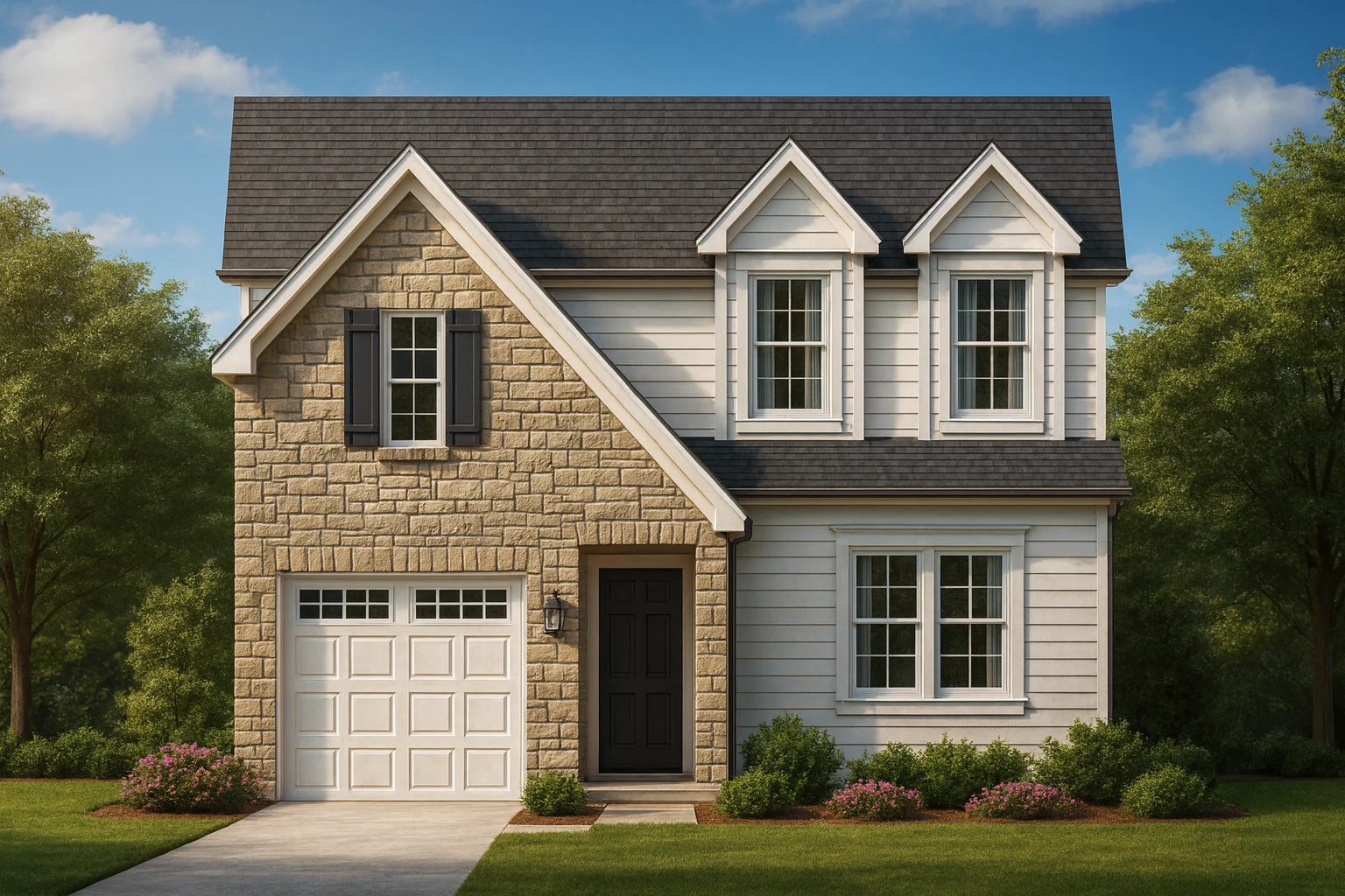 Front view of a Traditional Colonial style home featuring a stone façade, horizontal siding, dormer windows, and a welcoming front entry with single garage