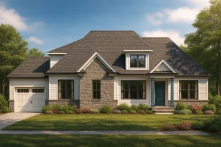 Front view of a Modern Farmhouse featuring stone and horizontal siding, gabled rooflines, and inviting front porch entryway