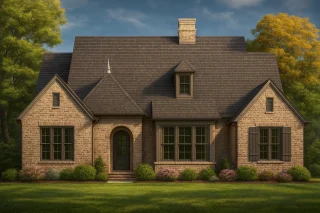 Front view of a Traditional Brick Cottage home featuring Tudor Revival architecture with gabled rooflines, brick exterior, and symmetrical design.