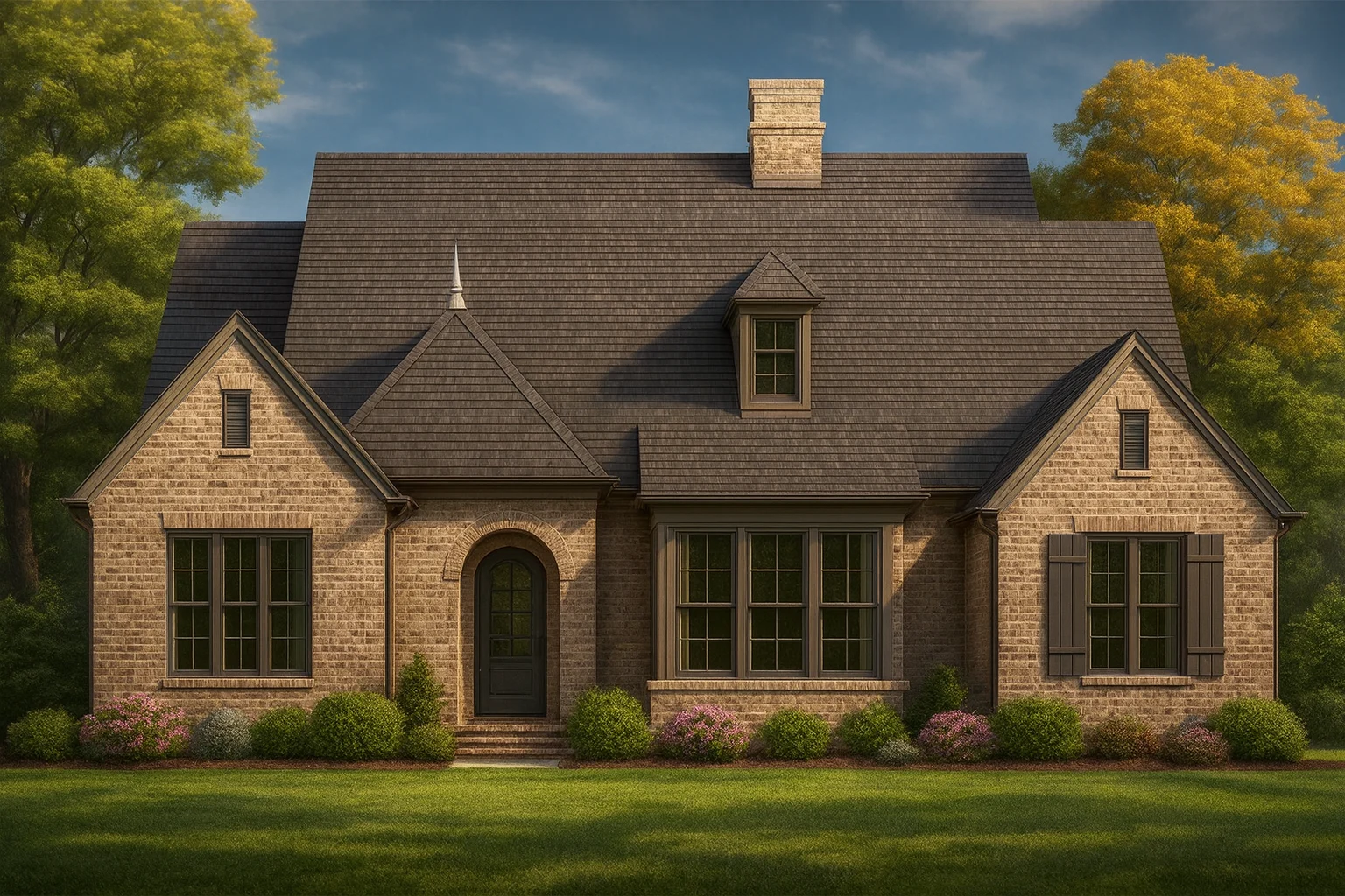 Front view of a Traditional Brick Cottage home featuring Tudor Revival architecture with gabled rooflines, brick exterior, and symmetrical design.