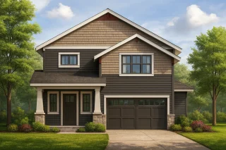 Front elevation of a Craftsman Traditional style two-story house featuring lap siding, shingle gables, stone accents, and a welcoming covered entry with tapered columns.
