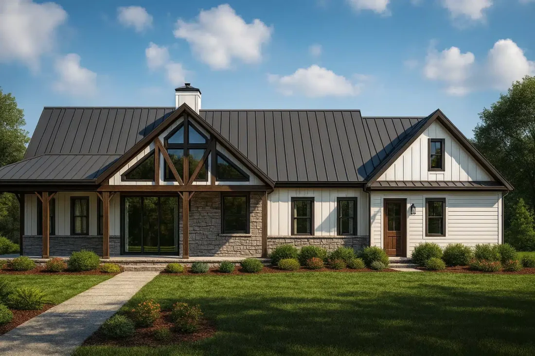 Front elevation of a modern farmhouse featuring board and batten siding, stone accents, gable rooflines, and large glass windows for natural light.