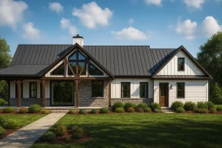Front elevation of a modern farmhouse featuring board and batten siding, stone accents, gable rooflines, and large glass windows for natural light.