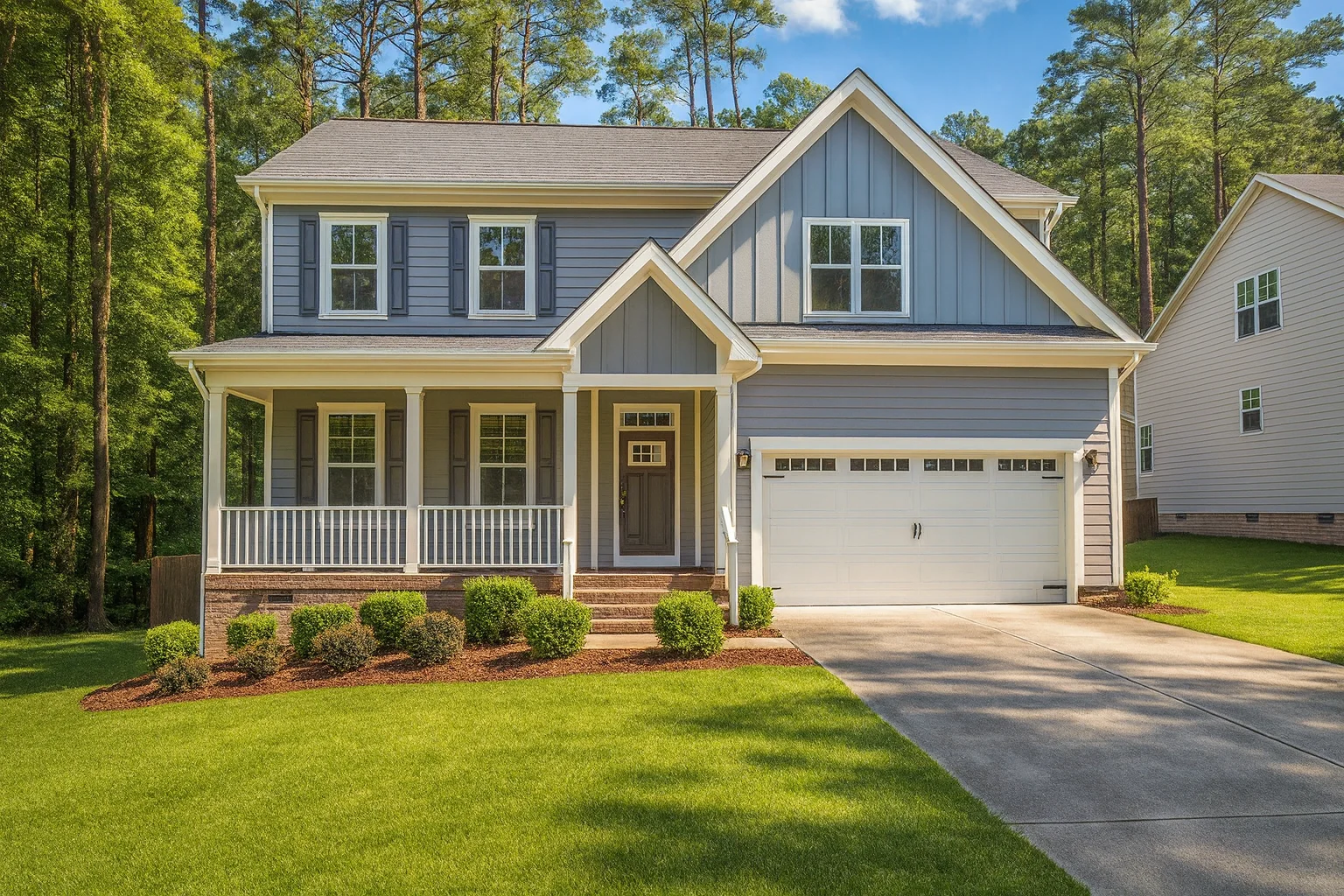 Front view of a two-story Traditional Farmhouse featuring Craftsman detailing, blue horizontal siding with board and batten accents, white trim, and a welcoming covered front porch
