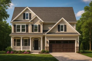 Front view of a Traditional Colonial home featuring beige horizontal siding, stone foundation accents, black shutters, and a welcoming front porch with columns.