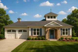 Front view of a Traditional Ranch style home featuring a balanced Colonial influence, stone and horizontal siding exterior, and symmetrical two-car garage design