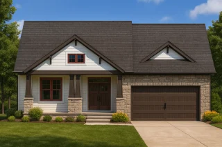 Front view of a Craftsman Cottage style home featuring board and batten siding, stone accents, and warm wood trim with a front-entry garage.