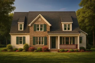 Front view of a Traditional Farmhouse with Cape Cod influences featuring board-and-batten siding, stone accents, gabled dormers, and a welcoming covered porch surrounded by lush landscaping